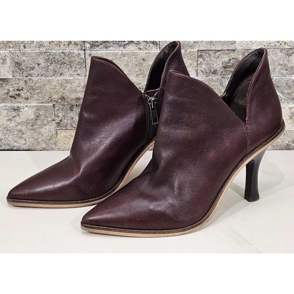Free People Shiloh Burgundy Leather Booties Pointed Toe Mid Kitten Heel 7.5 Boho